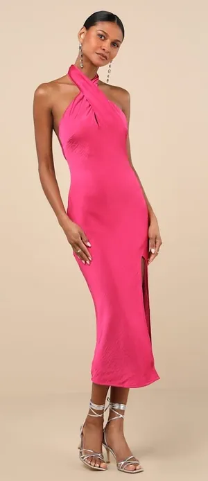 NWT Lulus Beyond Classy Pink Satin Halter Midi Dress Holiday Party Backless Sz L thumbnail 1