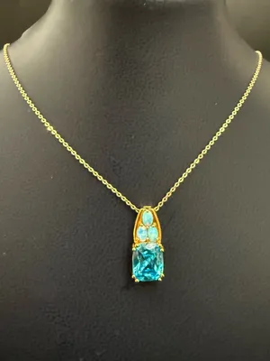 925 Sterling Gold Vermeil Cushion Cut Blue Topaz Gemstone Opal Pendant Necklace thumbnail 2