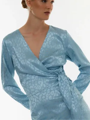 NWT ASOS DESIGN Blue Satin Jacquard Wrap Crop Top Long Sleeve V-Neck Sz S thumbnail 4
