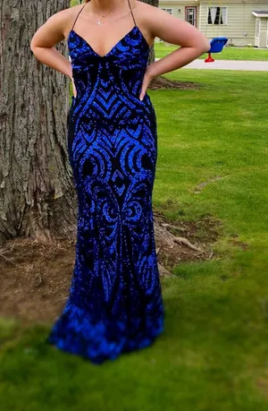 Macys Royal Blue and Black Prom Dress thumbnail 1