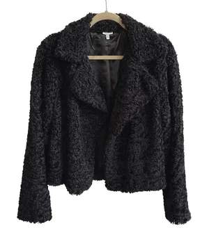 SELFIE‎ Women Black Textured Faux Fur Open Jacket Size Medium thumbnail 1