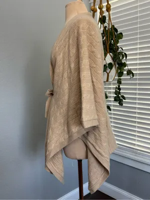 Saks Fifth Avenue Cashmere Tie-Front Cable Knit Poncho Sweater - Cream Size XS/S thumbnail 4