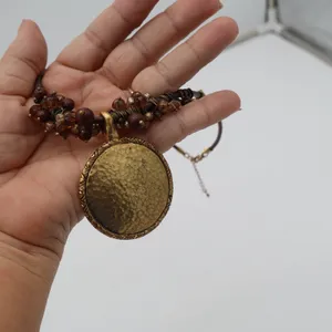 Hammered Gold Medallion Beaded Cord Necklace Brown Boho Statement thumbnail 4