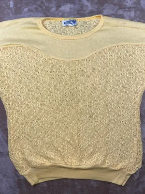 Vintage Peppermint Pale Yellow Openwork Knit Short Sleeve Top thumbnail 1