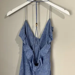 Zara Blue Linen Blend Ruffle Maxi Slip Dress Women's Small Sleeveless Leg Slit thumbnail 6