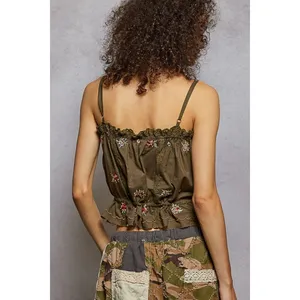 POL Button Down Floral Embroidered Cropped Cami with Lace Detail - Large thumbnail 4