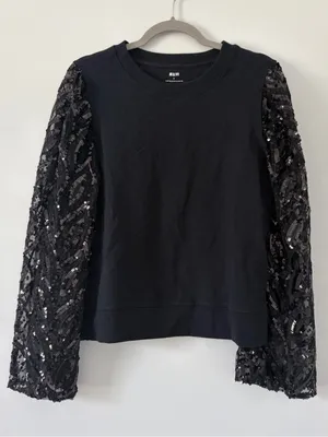 Anthropologie Maeve Black Tasha Lace Sequin Wide Sleeved Crewneck Sweatshirt S thumbnail 1