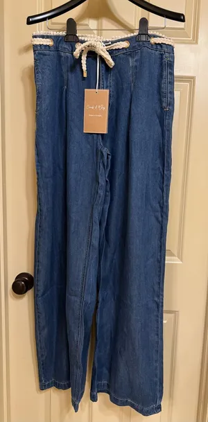 Casual Wide-Leg Women’s Jeans with Drawstring Waist - Blue thumbnail 1