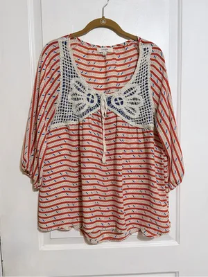 Umgee Red & Navy Striped Crochet-Yoke Peasant Top large thumbnail 2