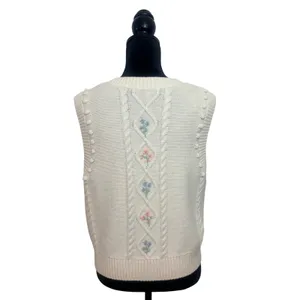 Paris Atelier & Other Stories Cream Floral Embroidered Cable Knit Vest M Preppy thumbnail 3