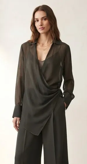 Zara Dark Green Wool Blend Draped Asymmetrical Avant Garde Long Wrap Blouse L thumbnail 1