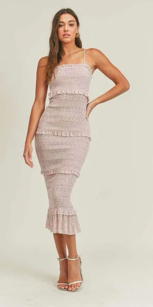 Mabel Daphne Ditsy Flower Ruffe Trim Smocked Midi Long Tube Dress Pink‎ Large thumbnail 1
