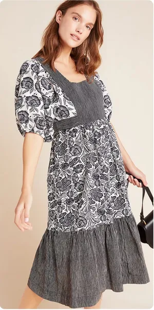 BloomingPrint Anthropologie Adrienne Floral Mixed Print Flounced Midi Dress 10‎ thumbnail 1