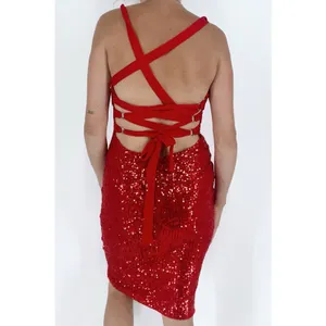 Amazon Women's Red Corset Sparkly Sequin Bodycon Tea Length Back Tie Dress Size Small thumbnail 2