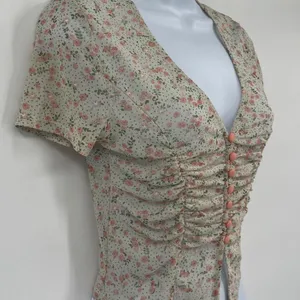 Coquette Y2K Mini Floral Mesh Top Sz M Deep V Ruch Festival Crop Cottage Fairy thumbnail 5