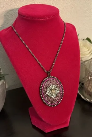 Vintage Pink Crystal Floral Statement Pendant Necklace Silver Tone 16” thumbnail 1