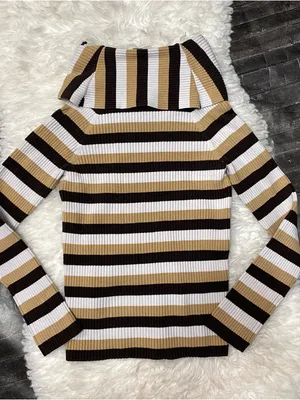 J Crew Brown Tan Striped Fold Over Turtleneck Ribbed Sweater Alt Y2k Fall Chic thumbnail 5