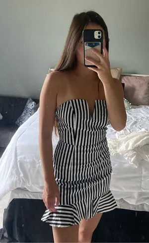 Olivaceous stripped strapless dress thumbnail 1