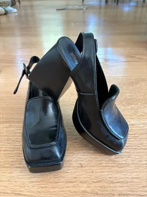 Jeffrey Campbell Black Leather Square-Toe Slingback heeled Loafers thumbnail 6
