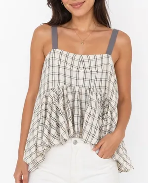 Free People Plaid Peplum Camisole Top Small Cream Black Adjustable Straps Cotton thumbnail 1