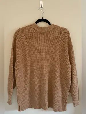 Aerie Oversized Waffle Crew Sweater, Tan/Camel, Size S, EUC thumbnail 3