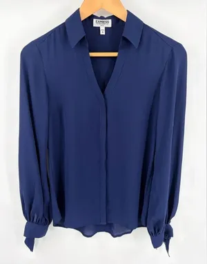 Express women’s the portofino navy slim fit long sleeve tie cuff blouse size XS thumbnail 1