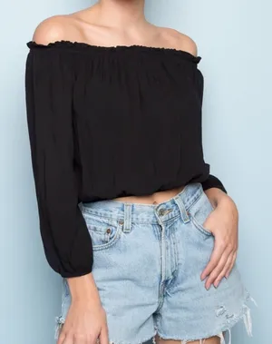 Brandy Melville Black Off the Shoulder Maura Long Sleeve Crop Flowy Ruffle Top thumbnail 1
