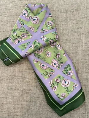 Floral satin like Scarf in Green & Lavender thumbnail 3