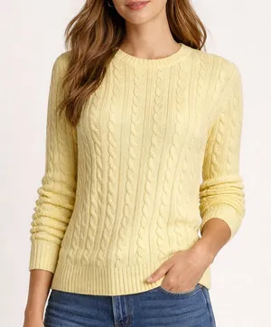 L.L.Bean‎ Cable Knit Crewneck Sweater Yellow Cotton Size Small Preppy Cottage thumbnail 1