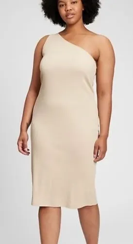 Gap Women's M Rib One-Shoulder Midi Dress‎ Tan Neutral Ribbed Casual thumbnail 1