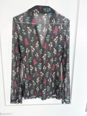 Natural Life Carina Mesh Top Floral Sheer Ruched Button Front Boho Whimsigoth-L thumbnail 6