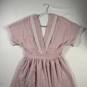 SHEIN Womens Small Pink Swiss Dot Lace Trim Mini Dress Short Sleeve Boho thumbnail 2