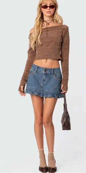 Edikted Pleated Hem low rise Washed Denim Mini Skirt Y2K, festival Western XL thumbnail 1
