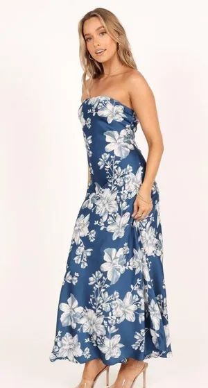 Petal + Pup Gemma Strapless Satin Maxi Dress Blue White Floral Size Large thumbnail 3
