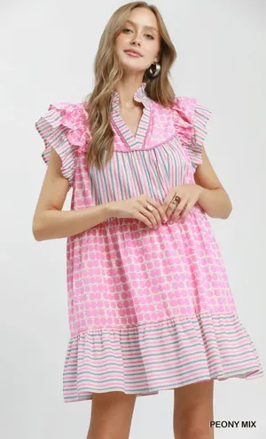 Umgee Mix Patchwork Flutter Sleeve Tiered Dress - Peony Mix - Large thumbnail 1