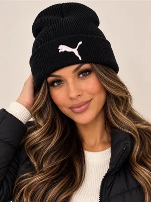 Puma Black Ribbed Beanie with Pink Puma Logo thumbnail 1