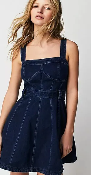 Free People Dark Indigo Denim Mini Dress Size L It has pockets on the sides. thumbnail 1