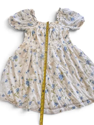 Cream Floral Puff-Sleeve BoHo flowery cottage core Dress with Blue Flowers thumbnail 8
