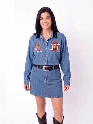 Vintage 90s Ugly Christmas Embroidered Denim Holiday Shirt Velvet Collar thumbnail 2
