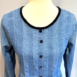 VTG Blue Denim Maxi Dress Long Sleeve Pleated Modest Farm Tradwife, Size 8 thumbnail 4