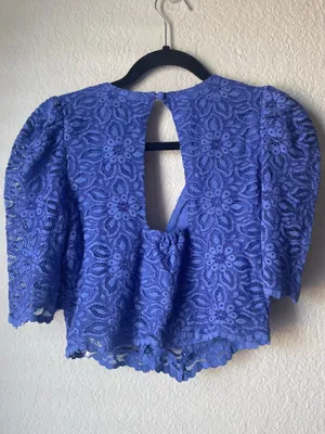 Maeve by Anthropologie Blue Lace Tie-Front Crop Top Puff Sleeve Size 2 thumbnail 4