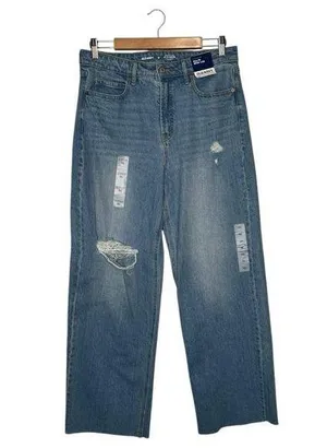 New Old Jeans Navy Womens 10 Extra High Rise Sky Hi Wide Leg Raw Hem Light Blue thumbnail 1