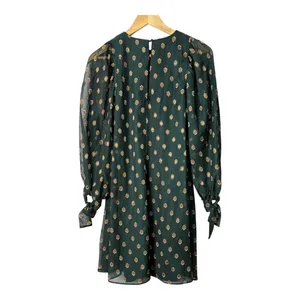 Calvin Klein Shift Dress Women 4 Green Gold Metallic Dot Long‎ Sleeve Tie Cuff thumbnail 6