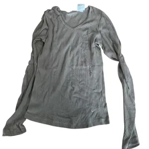 Nike Dri-Fit Seamless Ribbed Long Sleeve Brown Women's M V Neck Shirt Minimalist thumbnail 1