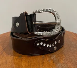 Dark Brown Leather Studded & Rhinestones Silver Tone Buckle Belt thumbnail 1