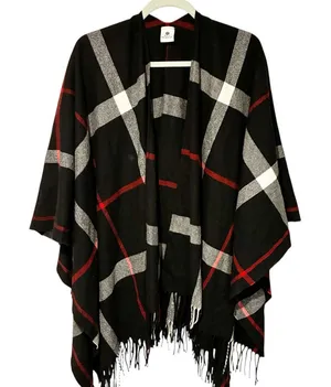 Jessica McClintock Super Soft Black Plaid Poncho Caper‎ One Size fits most thumbnail 1