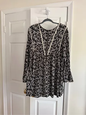 Free People Like You Best Black Floral Bell Sleeve Mini Dress Tunic M thumbnail 13