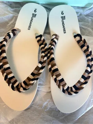 No Boundaries Women’s White Sandals with Braided Black and Brown Straps thumbnail 2