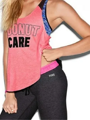 🍩 VICTORIA’S SECRET PINK I DONUT CARE Pink Black Workout Tank Top Medium thumbnail 2