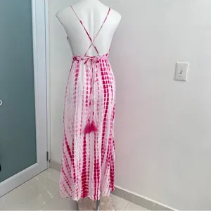 NEW Main Strip Tie-Dye halter Maxi Dress open back Pink beach SMALL thumbnail 6